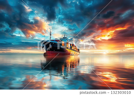 Logistics and transportation Container Cargo ship at twilight sky Freight Generative AI. 132303010