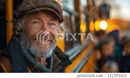 Close-up view of a bus driver smiling and looking camera photographic in a new school bus. 132303022