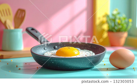 在色彩柔和的廚房裡煎蛋 132303053