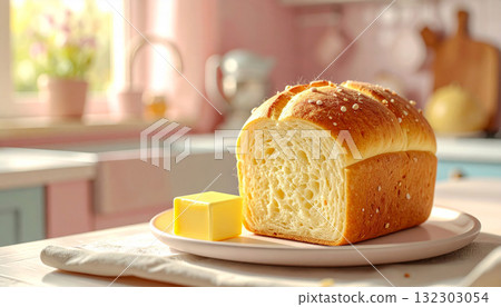 Still life of bread and butter in the morning light 132303054
