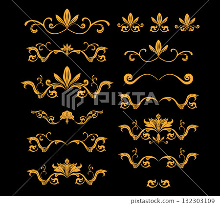 Gold Floral Flourishes, Golden Floral Flower Swirls Traditional Plant Ornaments in Baroque or Victorian Style, Isolated Vector Royal Embellishment and Wedding Arrangements Set on Black Background Gold Floral Flourishes, Golden Floral Flower Swirls Traditional Plant Ornaments in Baroque or Victorian Style, Isolated Vector Royal Embellishment and Wedding Arrangements Set on Black Background 132303109