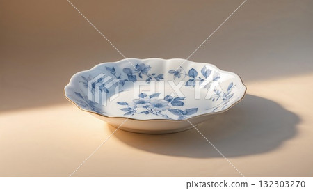 Elegant white porcelain plate with delicate blue floral pattern and scalloped edges on neutral background with soft lighting 132303270