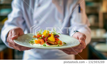Professional chef presenting beautifully plated gourmet dish with colorful vegetables and artistic garnish in restaurant kitchen 132303289