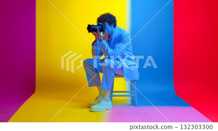 Stylish male photographer in pastel suit shooting in a modern studio with vibrant color backdrops. Minimalist, creative, and fashion-forward setting 132303300