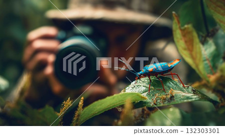 Macro shot of a vibrant beetle on a leaf with blurred photographer in background. Wildlife photography in natural forest habitat, rich in detail and texture 132303301