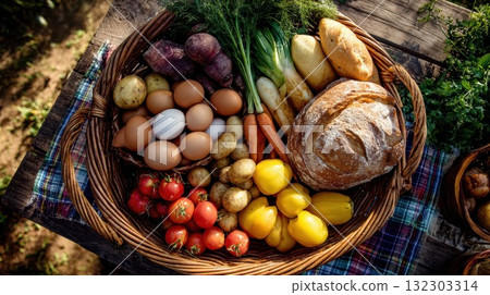 Abundant woven basket overflowing with fresh, organic farm produce, including vegetables, eggs, and bread, symbolizing wholesome harvest and local food 132303314