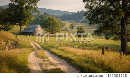A serene rural landscape featuring a rustic barn, grazing sheep, and a winding dirt road, evoking peace and pastoral charm A serene rural landscape featuring a rustic barn, grazing sheep, and a winding dirt road, evoking peace and pastoral charm 132303318