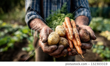 Close-up of farmer's hands, rich with soil, cradling freshly harvested organic potatoes and carrots, symbolizing healthy living and homegrown goodness Close-up of farmer's hands, rich with soil, cradling freshly harvested organic potatoes and carrots, symbolizing healthy living and homegrown goodness 132303319