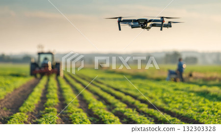 A modern drone flying over an agricultural field. An unmanned aerial vehicle surveying crops on a farm with a tractor in the blurred background A modern drone flying over an agricultural field. An unmanned aerial vehicle surveying crops on a farm with a tractor in the blurred background 132303328