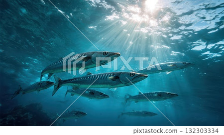 School of barracuda fish swimming underwater with sunlight rays penetrating crystal clear ocean water School of barracuda fish swimming underwater with sunlight rays penetrating crystal clear ocean water 132303334