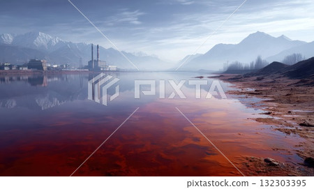 Industrial pollution landscape showing factory smokestacks reflected in contaminated red water lake with dramatic mountain backdrop highlighting environmental damage and climate change Industrial pollution landscape showing factory smokestacks reflected in contaminated red water lake with dramatic mountain backdrop highlighting environmental damage and climate change 132303395