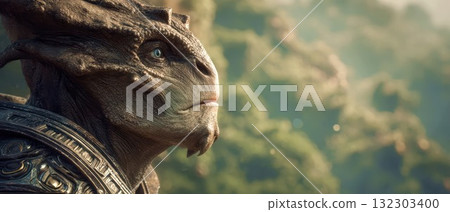 Ancient stone dragon sculpture with ornate details and piercing blue eyes, carved in traditional Asian architectural style against blurred natural background 132303400