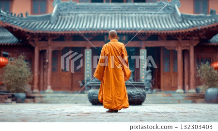 Buddhist monk in traditional orange robes walking toward ornate Asian temple with curved roof tiles and intricate architectural details in serene courtyard setting Buddhist monk in traditional orange robes walking toward ornate Asian temple with curved roof tiles and intricate architectural details in serene courtyard setting 132303403