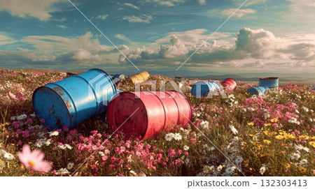Colorful abandoned oil drums scattered across blooming wildflower meadow creating striking environmental contrast under dramatic sky Colorful abandoned oil drums scattered across blooming wildflower meadow creating striking environmental contrast under dramatic sky 132303413