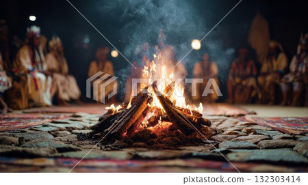 Traditional campfire burning brightly on ornate carpet with blurred people gathering around in atmospheric evening setting Traditional campfire burning brightly on ornate carpet with blurred people gathering around in atmospheric evening setting 132303414