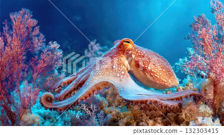 Vibrant orange octopus with extended tentacles gracefully moving through colorful coral reef ecosystem in crystal clear tropical waters Vibrant orange octopus with extended tentacles gracefully moving through colorful coral reef ecosystem in crystal clear tropical waters 132303415