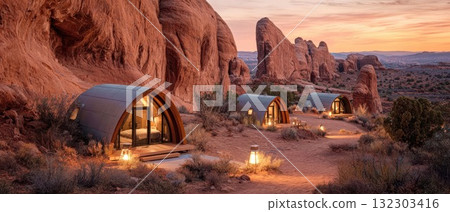 Modern luxury glamping pods with curved glass fronts nestled among dramatic red rock formations in desert landscape at golden hour sunset Modern luxury glamping pods with curved glass fronts nestled among dramatic red rock formations in desert landscape at golden hour sunset 132303416