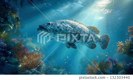 Giant grouper fish swimming near colorful coral reef in tropical ocean with sunbeams penetrating clear blue water from surface above 132303440