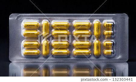 Golden pharmaceutical capsules in clear blister pack, medicine pills arranged in organized rows for healthcare and treatment Golden pharmaceutical capsules in clear blister pack, medicine pills arranged in organized rows for healthcare and treatment 132303441