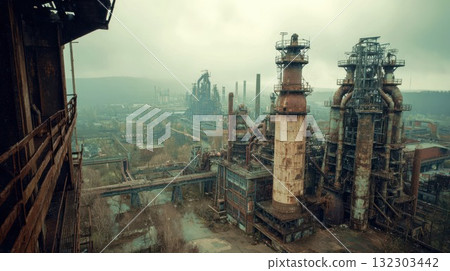 Abandoned industrial steel plant with towering smokestacks and rusted infrastructure in atmospheric misty landscape 132303442