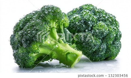 Fresh green broccoli florets with water droplets on white background highlighting healthy vegetable nutrition and organic produce 132303456