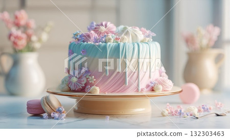 Elegant pastel drip cake decorated with colorful meringues and sugar flowers on golden stand in soft natural lighting with blurred floral background Elegant pastel drip cake decorated with colorful meringues and sugar flowers on golden stand in soft natural lighting with blurred floral background 132303463