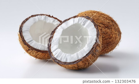 Cracked coconut halves revealing white flesh and fibrous brown shell on clean surface, tropical fruit ingredient for cooking and natural beauty products 132303476
