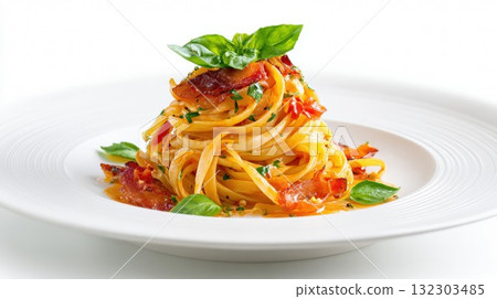 Elegant pasta dish with crispy bacon and fresh basil beautifully plated on white dishware, fine dining Italian cuisine presentation concept Elegant pasta dish with crispy bacon and fresh basil beautifully plated on white dishware, fine dining Italian cuisine presentation concept 132303485