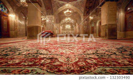 Ornate Persian carpet spreads across elaborate mosque interior featuring intricate Islamic architecture with arched ceilings and crystal chandeliers 132303490