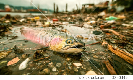 Dying salmon fish lying on polluted riverbank surrounded by industrial waste and debris showcasing environmental destruction and water contamination affecting wildlife habitat Dying salmon fish lying on polluted riverbank surrounded by industrial waste and debris showcasing environmental destruction and water contamination affecting wildlife habitat 132303491