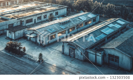 Aerial view of abandoned industrial warehouse complex with corrugated metal roofs, concrete buildings, and weathered architecture in blue tones 132303508