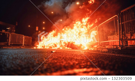 Intense fire burning on street with metal barriers and smoke during night emergency protest riot demonstration violent urban conflict scene Intense fire burning on street with metal barriers and smoke during night emergency protest riot demonstration violent urban conflict scene 132303509