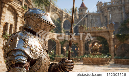 Medieval knight in ornate gilded armor standing guard with sword in historic castle courtyard with gothic architecture background 132303526