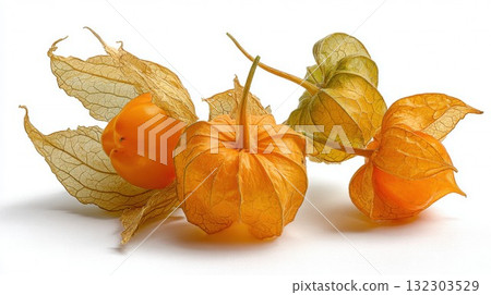 Fresh golden physalis fruits with delicate papery husks on white background, exotic cape gooseberry berries with natural orange color 132303529