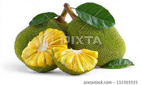Fresh jackfruit with spiky green exterior and yellow flesh segments, tropical exotic fruit with leaves, healthy organic produce on white background 132303535
