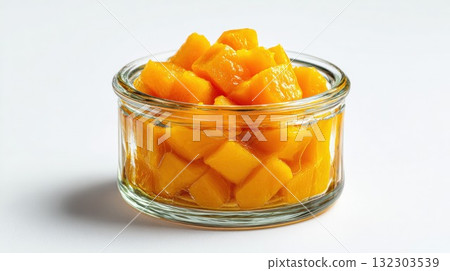 Cubed peaches in syrup preserved in clear glass jar on white background, fresh canned fruit for desserts and cooking Cubed peaches in syrup preserved in clear glass jar on white background, fresh canned fruit for desserts and cooking 132303539