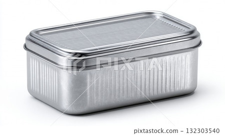 Silver metal tin container with ribbed texture and matching lid isolated on white background, versatile food storage box 132303540