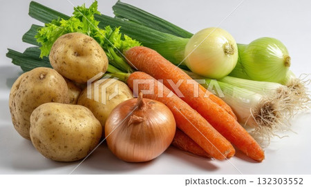 Fresh organic vegetables for soup including potatoes, carrots, celery, onions and leeks arranged on white background for healthy cooking and meal preparation Fresh organic vegetables for soup including potatoes, carrots, celery, onions and leeks arranged on white background for healthy cooking and meal preparation 132303552