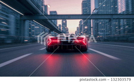 Red futuristic supercar speeding through modern city highway at dusk with glowing taillights and motion blur against towering skyscrapers 132303579