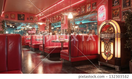 Retro American diner interior with red leather booths, vintage jukebox, neon signs, and nostalgic decor creating classic fifties atmosphere 132303582