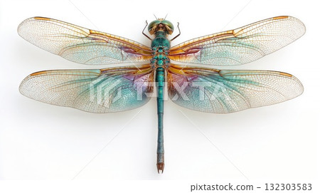 Beautiful iridescent dragonfly specimen with turquoise blue metallic body and transparent wings with intricate venation pattern on white background 132303583