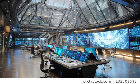 Modern futuristic command center control room with multiple screens displaying data earth imagery and advanced technology monitoring systems under glass dome 132303585