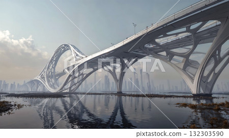 Futuristic bridge with organic flowing architecture spanning water with modern cityscape skyline in misty atmospheric background 132303590