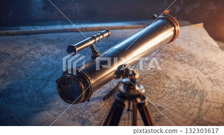 Vintage brass telescope on antique nautical map with starry night sky background for exploration and navigation 132303617