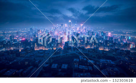 Futuristic cyberpunk cityscape at dusk with neon lights illuminating towering skyscrapers through misty atmosphere, aerial panoramic view of modern urban metropolis skyline 132303619