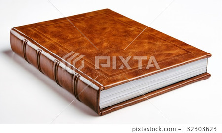 Elegant leather bound journal book with rich brown cover embossed decorative border thick pages and classic binding isolated on white studio background for writing Elegant leather bound journal book with rich brown cover embossed decorative border thick pages and classic binding isolated on white studio background for writing 132303623