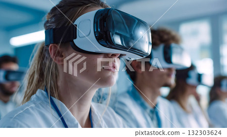 Medical professional wearing virtual reality headset during clinical training session in modern healthcare facility with colleagues observing simulation Medical professional wearing virtual reality headset during clinical training session in modern healthcare facility with colleagues observing simulation 132303624