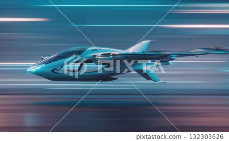 Futuristic cyan flying car speeding through motion blurred cityscape with glowing lights depicting advanced autonomous transportation technology concept Futuristic cyan flying car speeding through motion blurred cityscape with glowing lights depicting advanced autonomous transportation technology concept 132303626