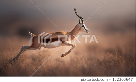 Springbok antelope leaping gracefully through golden grassland during sunset, showcasing athletic jumping ability and elegant movement in natural habitat Springbok antelope leaping gracefully through golden grassland during sunset, showcasing athletic jumping ability and elegant movement in natural habitat 132303647
