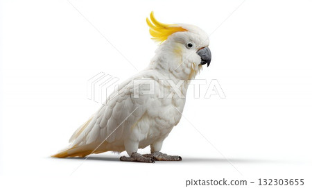 White cockatoo parrot with vibrant yellow crest perched elegantly on white background. Beautiful exotic bird portrait showcasing detailed feathers and distinctive features for wildlife and pet themes White cockatoo parrot with vibrant yellow crest perched elegantly on white background. Beautiful exotic bird portrait showcasing detailed feathers and distinctive features for wildlife and pet themes 132303655